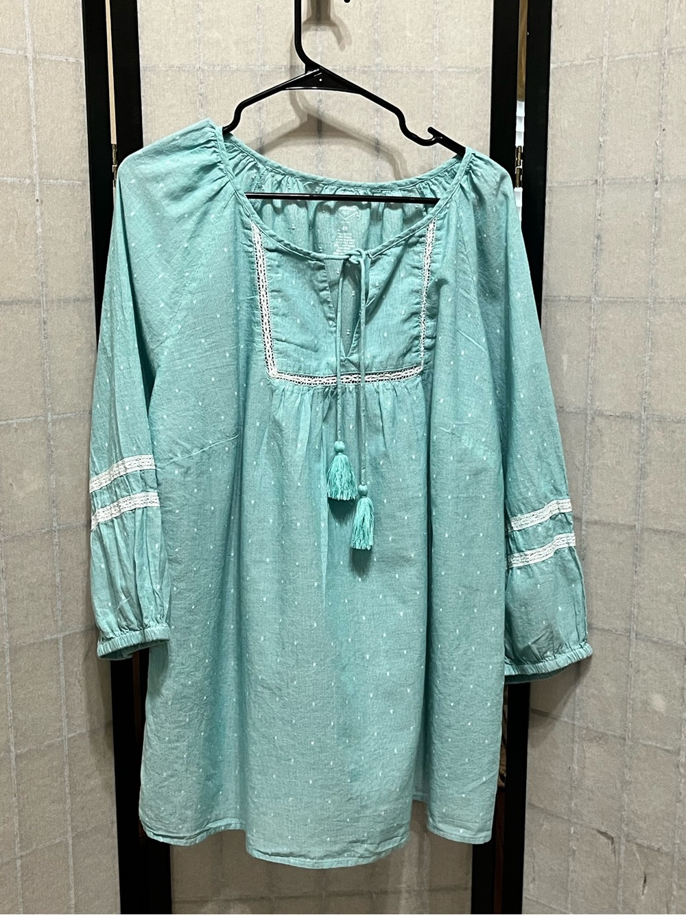 Women's Mint Green Peasant Tunic Top with Tassel Tie SIZE 2X